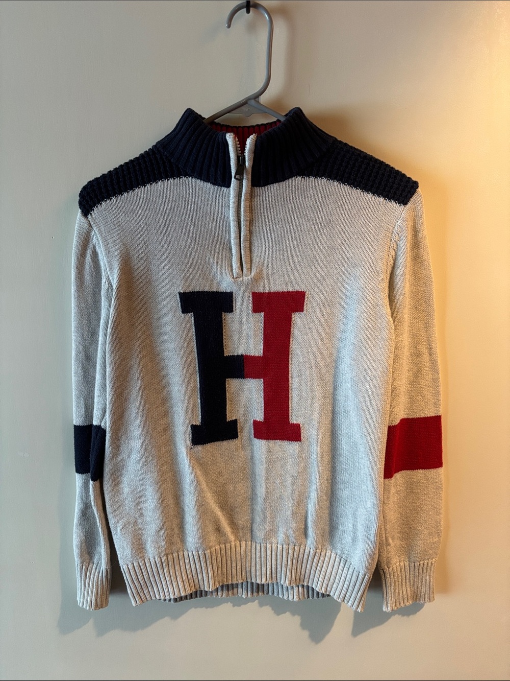 Boy’s Half-Zip Crew Sweater with Contrast 'H' in Cream, Navy & Red